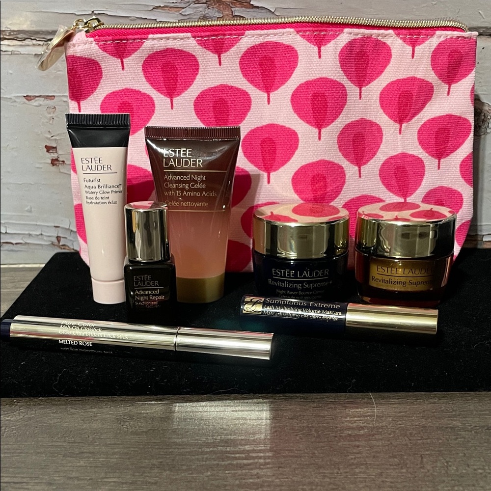 Estee Lauder Skincare & Makeup Set with Pink Patterned Pouch. New.